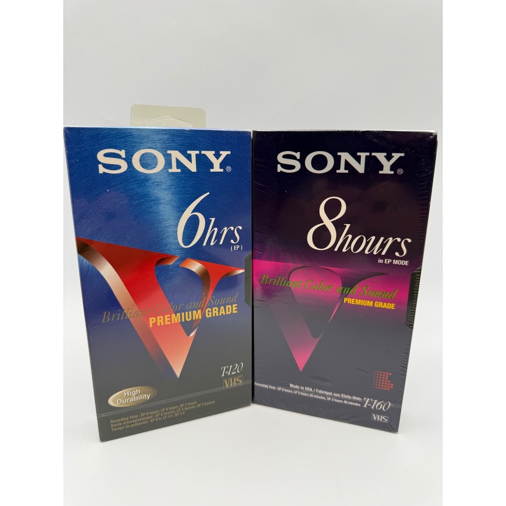 Sony VHS Blank Tape Lot T-120 6hr T-160 8hr Premium Grade Factory Sealed 2 Pack
